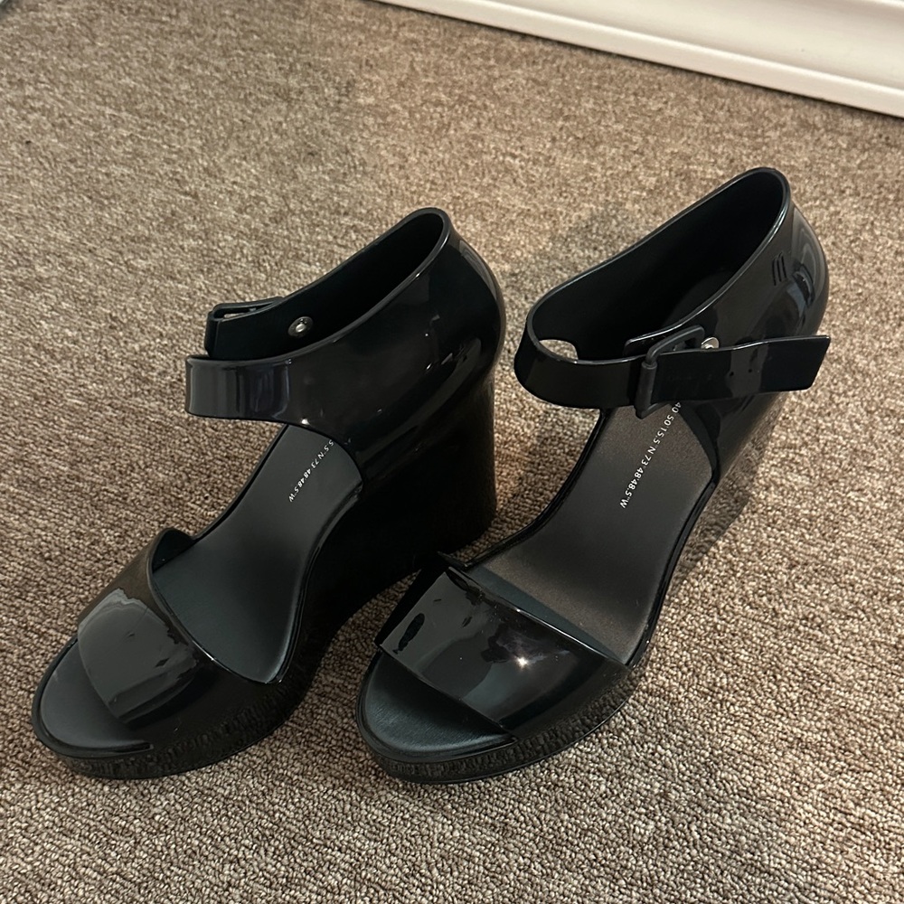 Melissa Shiny Black Wedge Sandals